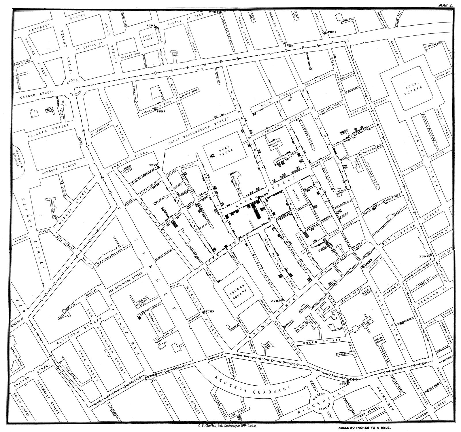Plan du quartier de Broad Street en 1854. De petits traits noirs marquent les décès par adresse ; ils sont nombreux autour de la pompe de Broad Street, au centre de la carte, mais apparaissent aussi ailleurs.